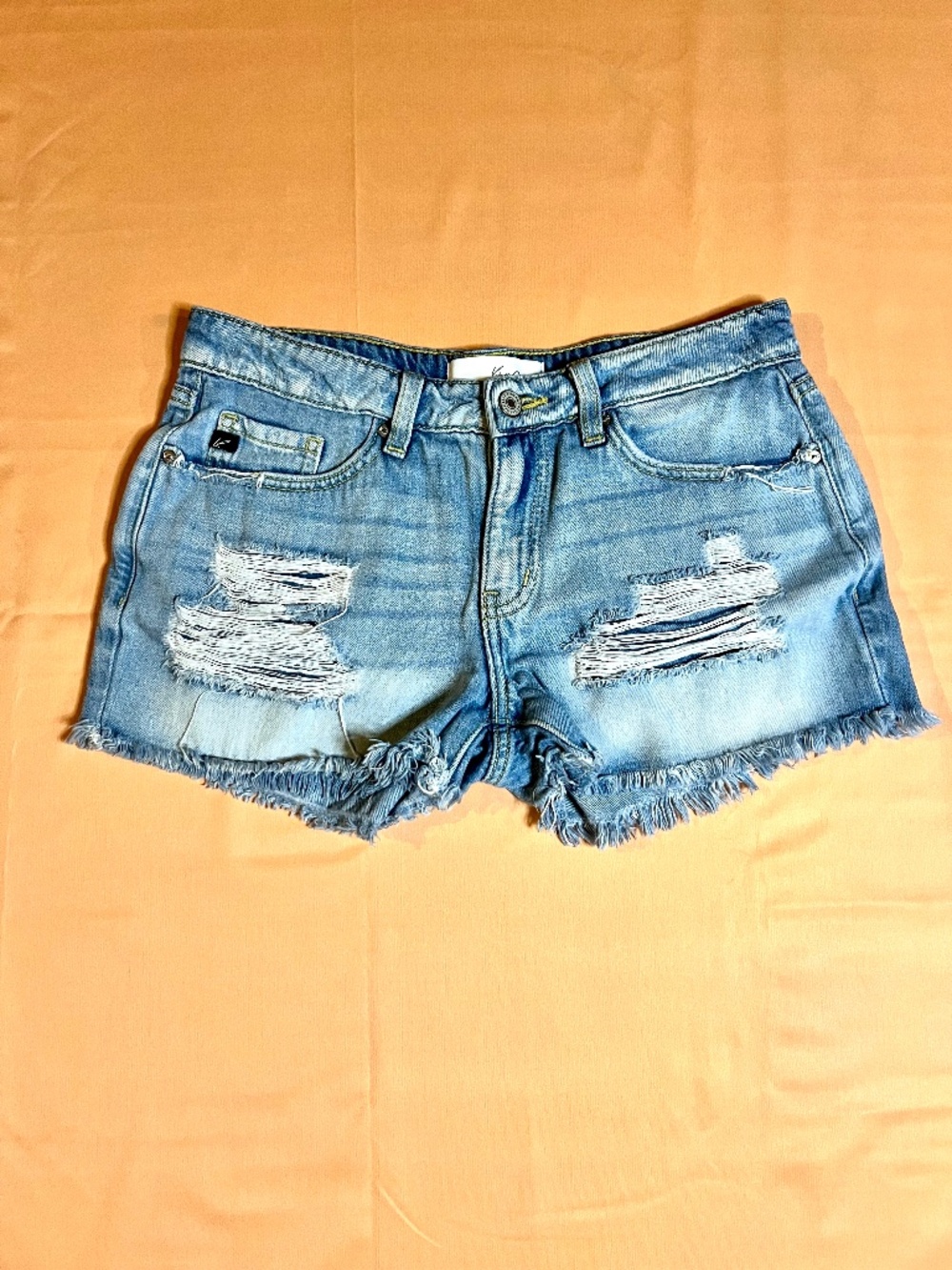 KanCan Low Rise Distressed Denim Jean Shorts w/ Frayed Hem